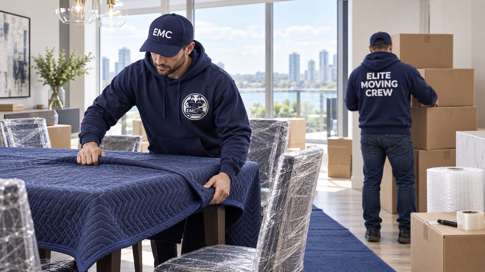 EMC mover carefully wrapping furniture in protective plastic
