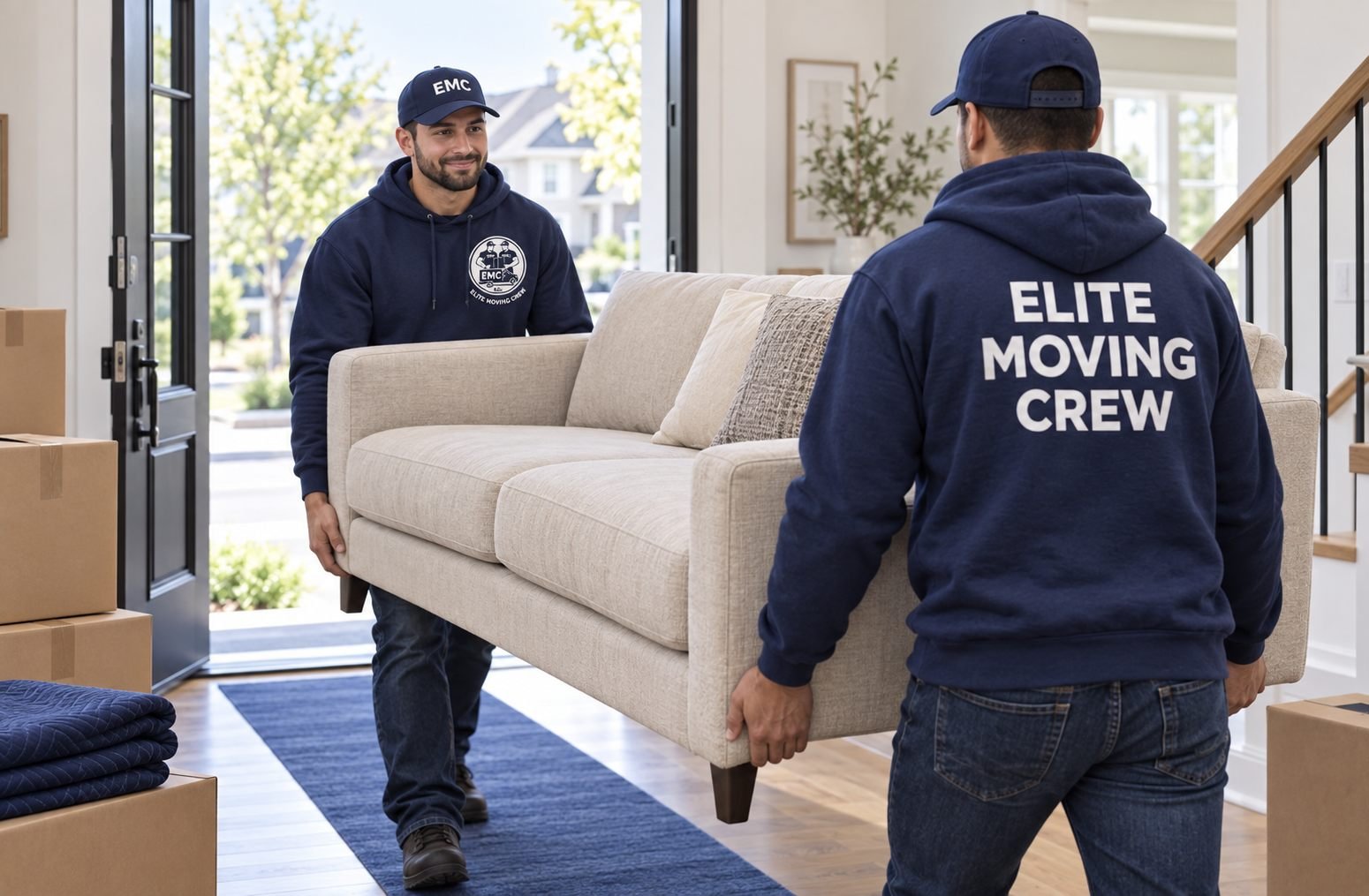 Elite Moving Crew team handling boxes during a move